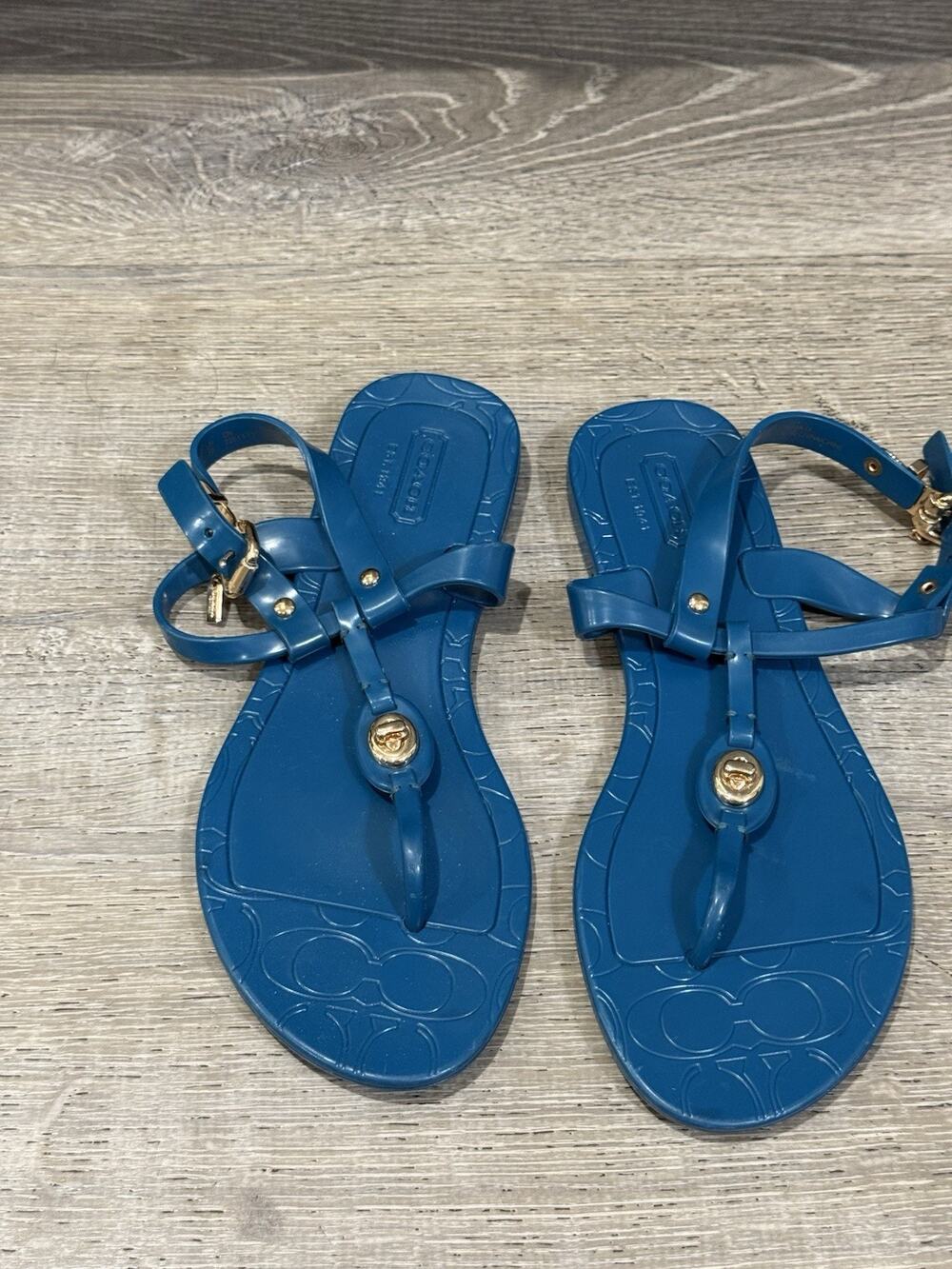 Coach Piccadilly Teal Synthetic T-strap Medallion Ankle Strap Sandal Size 5B EUC - Picture 1 of 6